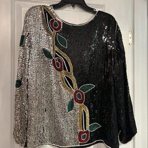 Black Sequin top with silver design, Joseph Le Bon, pure silk, large